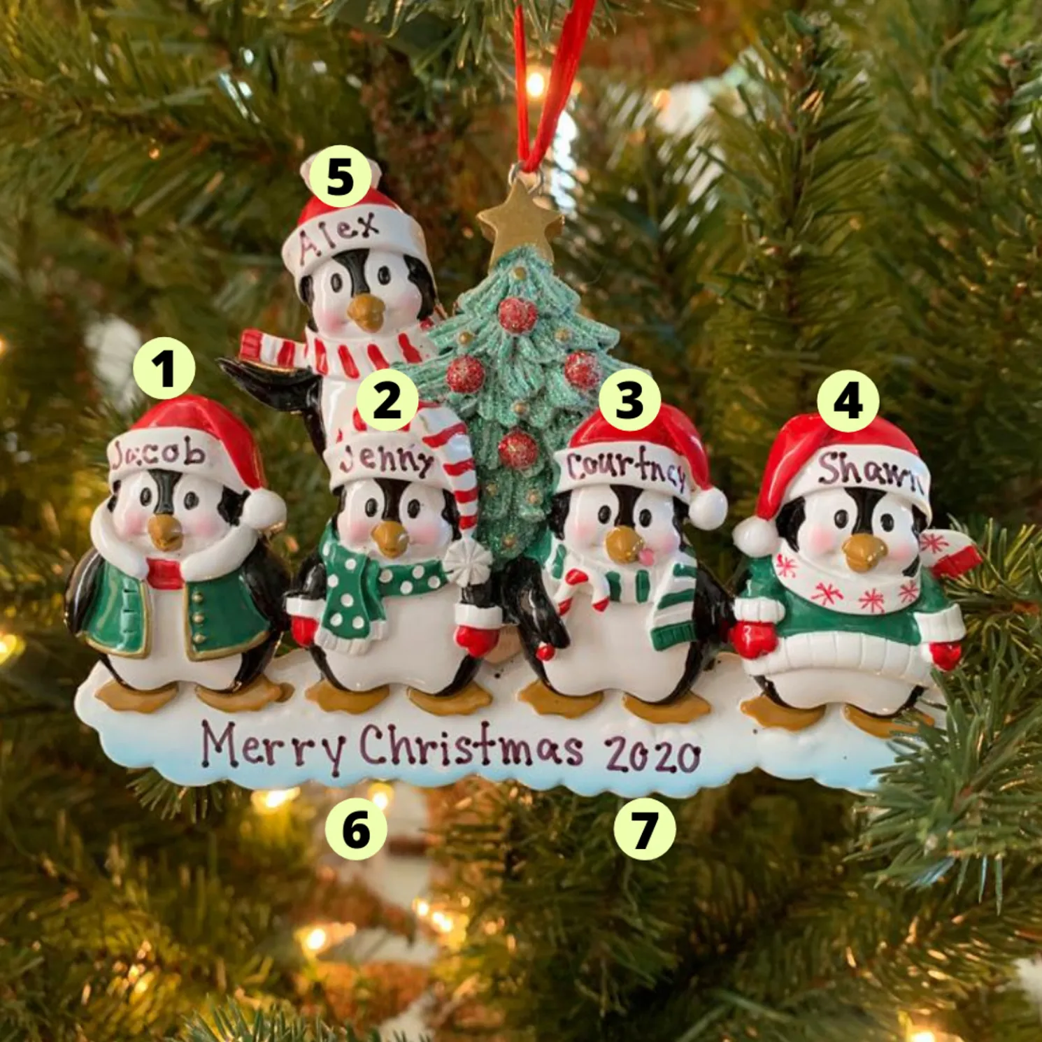 Family Personalized Christmas Ornament with 5 Penguins