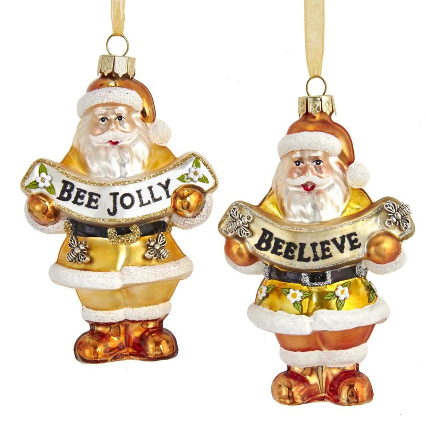 Kurt Adler 4.5" Gold and White Santa with Bee Banner Glass Christmas Ornament T2707