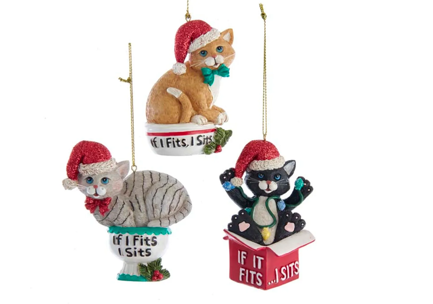 Kurt Adler 3.25" "If I Fits, I Sits" Cat Christmas Ornaments E0599