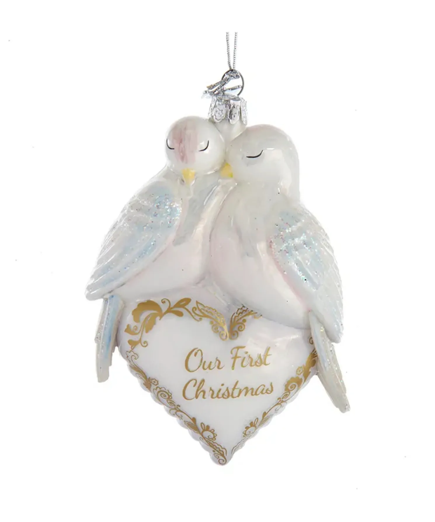Kurt Adler 4.75" Noble Gems "Our First Christmas" Doves Glass Christmas Ornament NBX0025