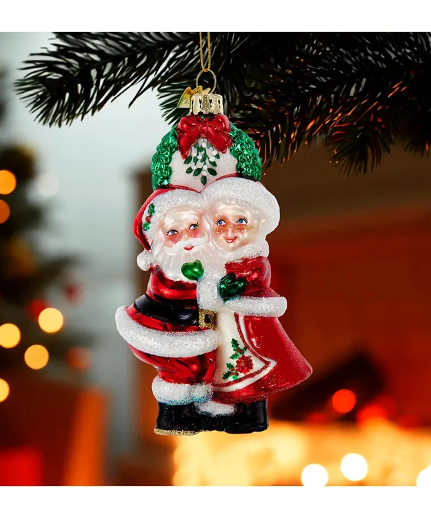 Kurt Adler 5" Noble Gems Mr and Mrs Santa Under the Mistletoe Glass Christmas Ornament NB1787