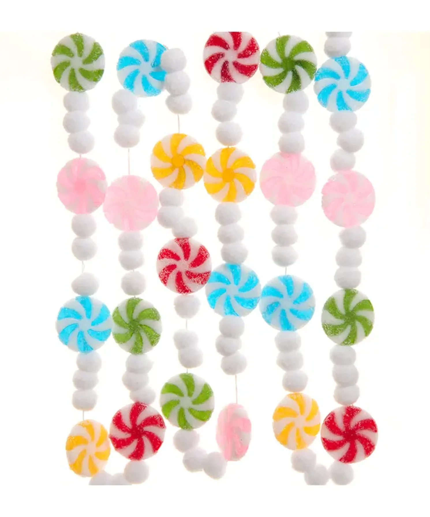 Kurt Adler 6' Peppermint Candy Frosted With Pom Poms Christmas Tree Garland D4597