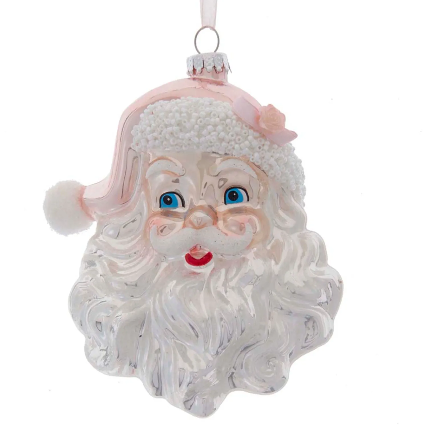 Kurt Adler 6" Pink and Silver Santa Head Glass Christmas Ornament T2802