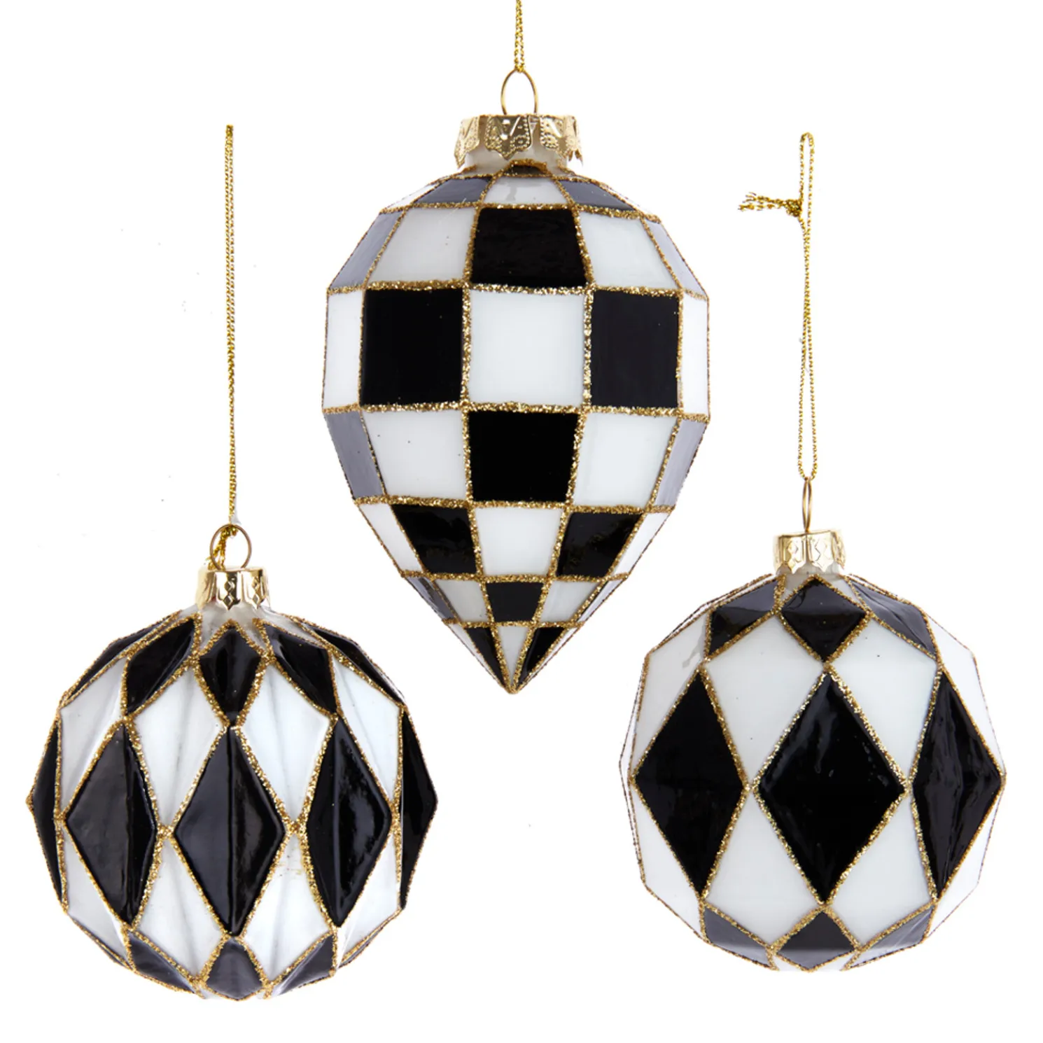 Kurt Adler Black and White Harlequin Ball and Finial Glass Christmas Ornament T3145