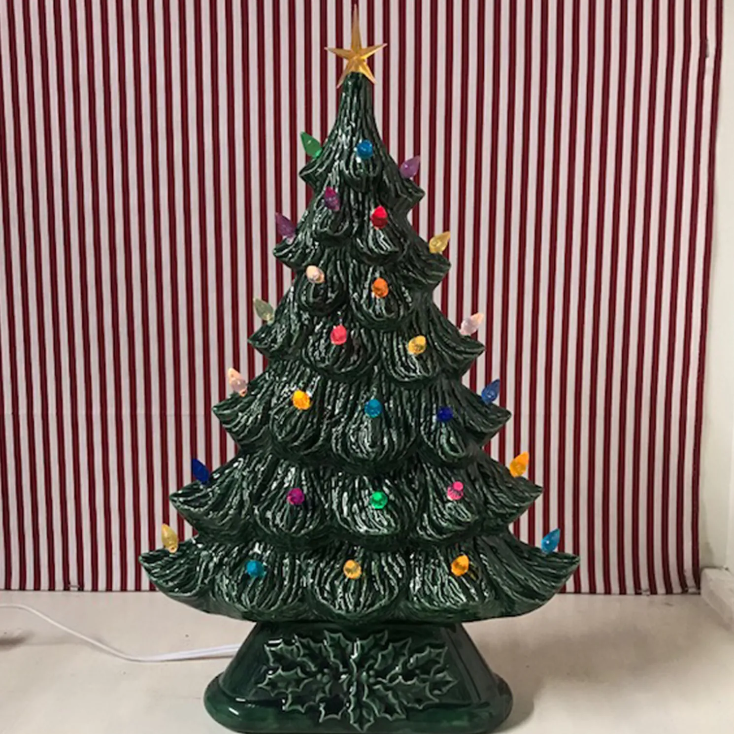 Large Flat Ceramic Lighted Window or Mantel Christmas Tree 19"