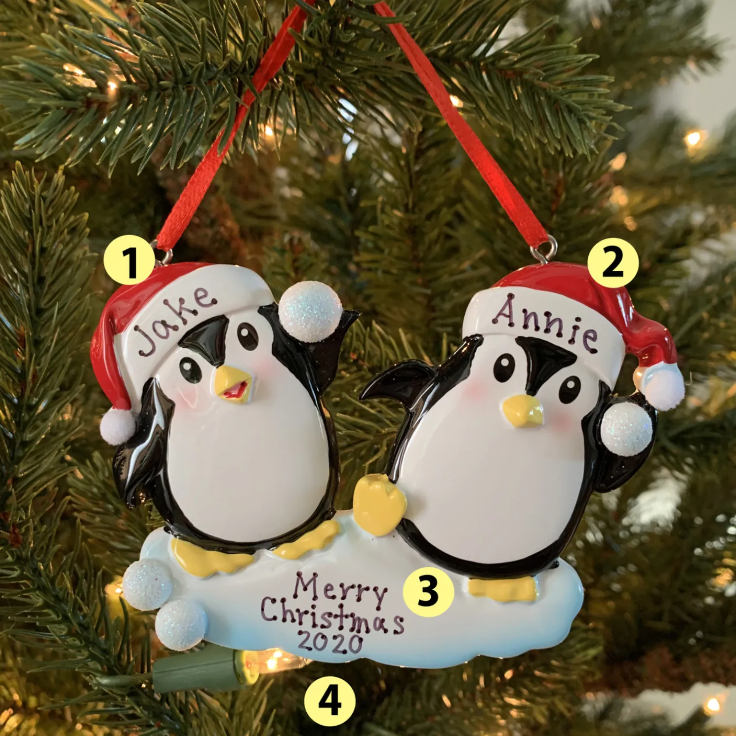 Penguin Couple Throwing Snowballs Personalized Christmas Ornament OR1318