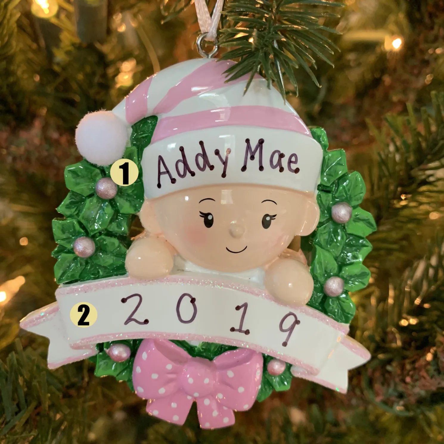 Pink Baby Girl in Wreath Personalized Christmas Ornament OR1746-P