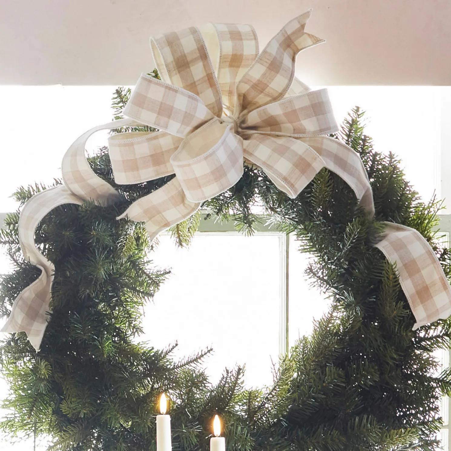 Raz 2.5" Beige and White Gingham Wired Christmas Ribbon R4427735