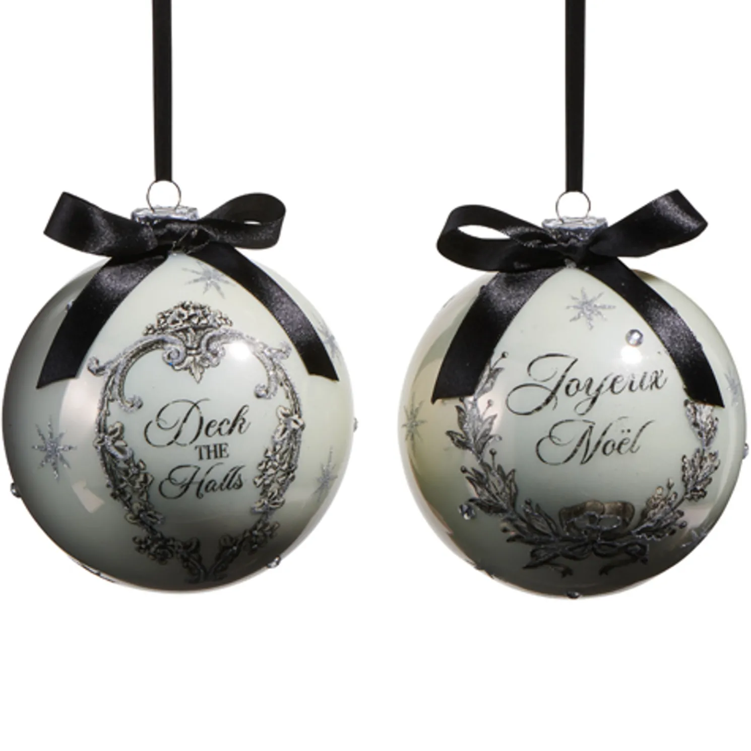 Raz 5" Black and White French Holiday Glass Ball Christmas Ornament Set of 2 4524623