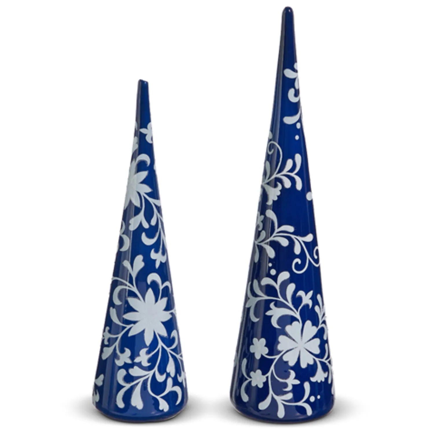 Raz 16" Blue and White Floral Delft Glass Christmas Trees Set of 2 4424530