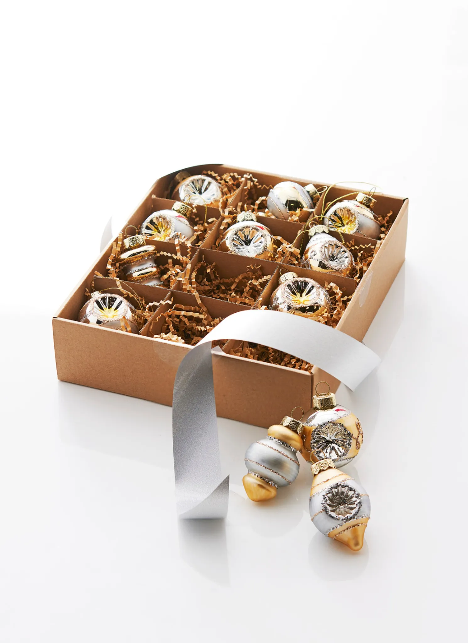 Raz 2" Box of 12 Champagne and Silver Vintage Christmas Ornament Set 4320927