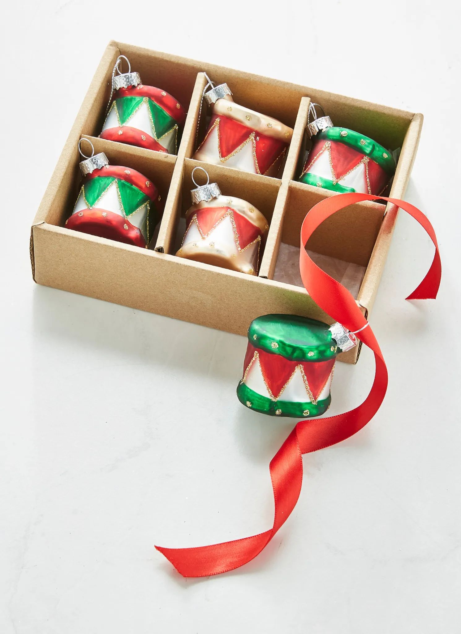 Raz 2" Box of 6 Drum Glass Christmas Ornament 4322835
