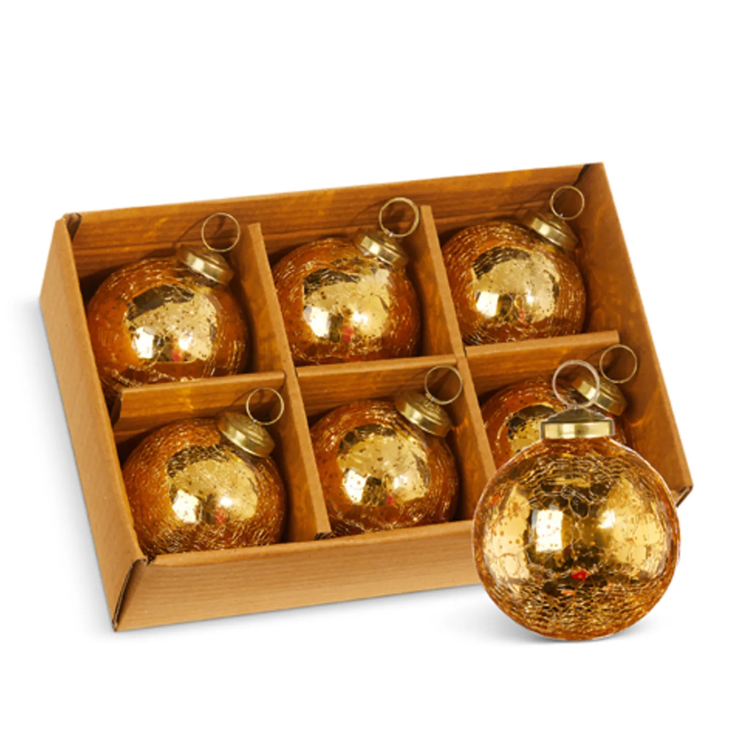 Raz 3" Box of 6 Gold Crackle Glass Christmas Ornaments 4300717