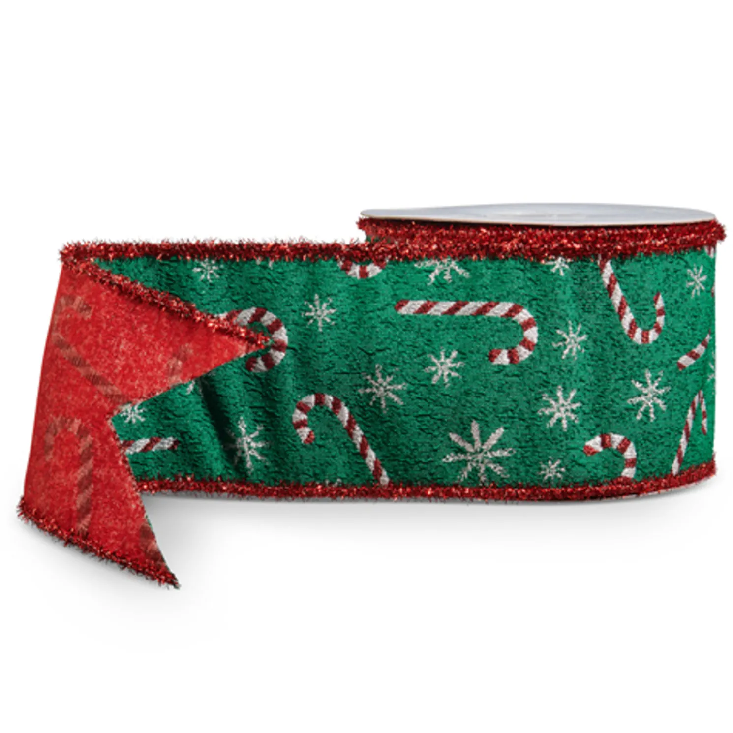 Raz 4" Candy Cane with Tinsel Edge Green and Red Wired Christmas Ribbon R4552155