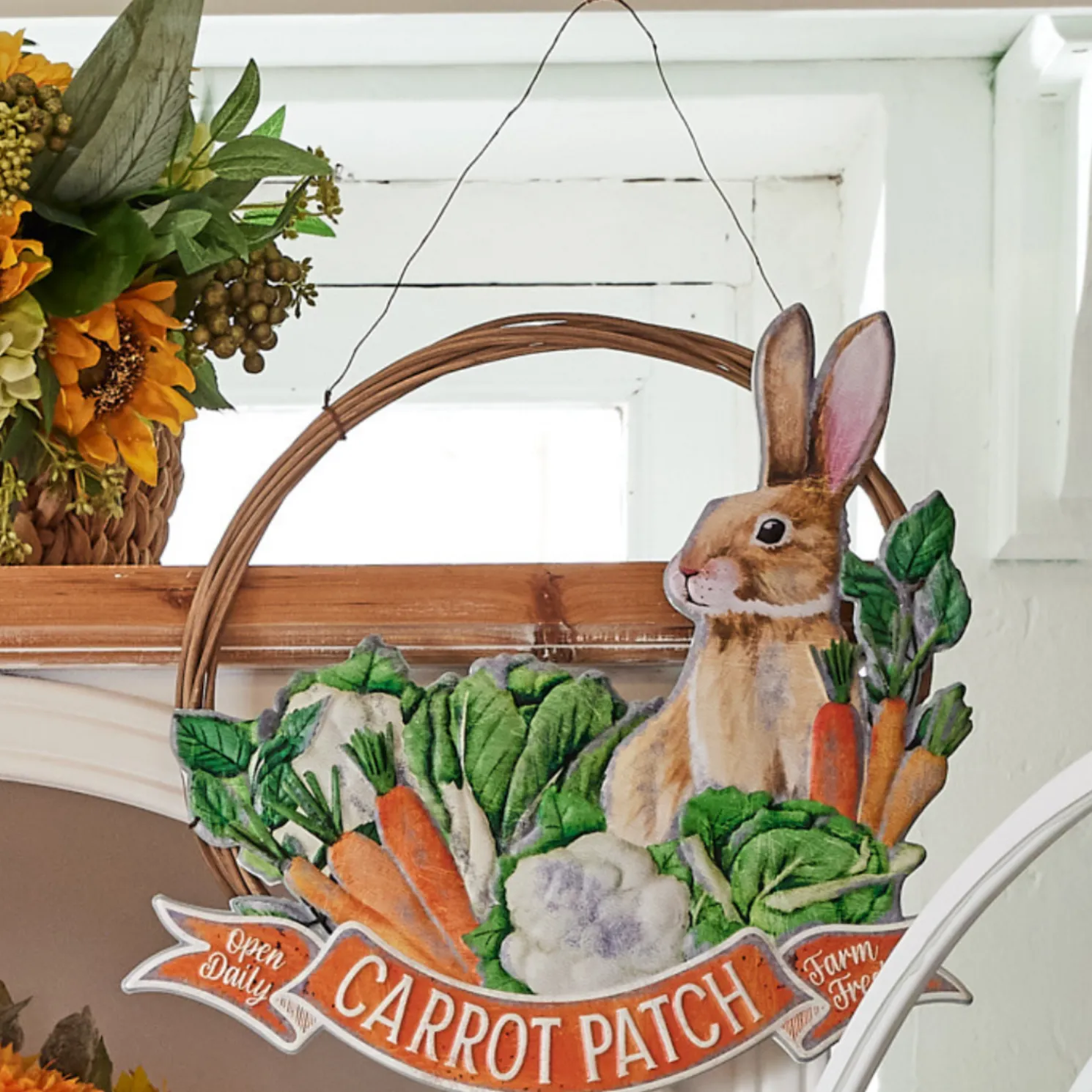 Raz 14.25" Carrot Patch Bunny Wreath with Metal Easter Sign 4411202