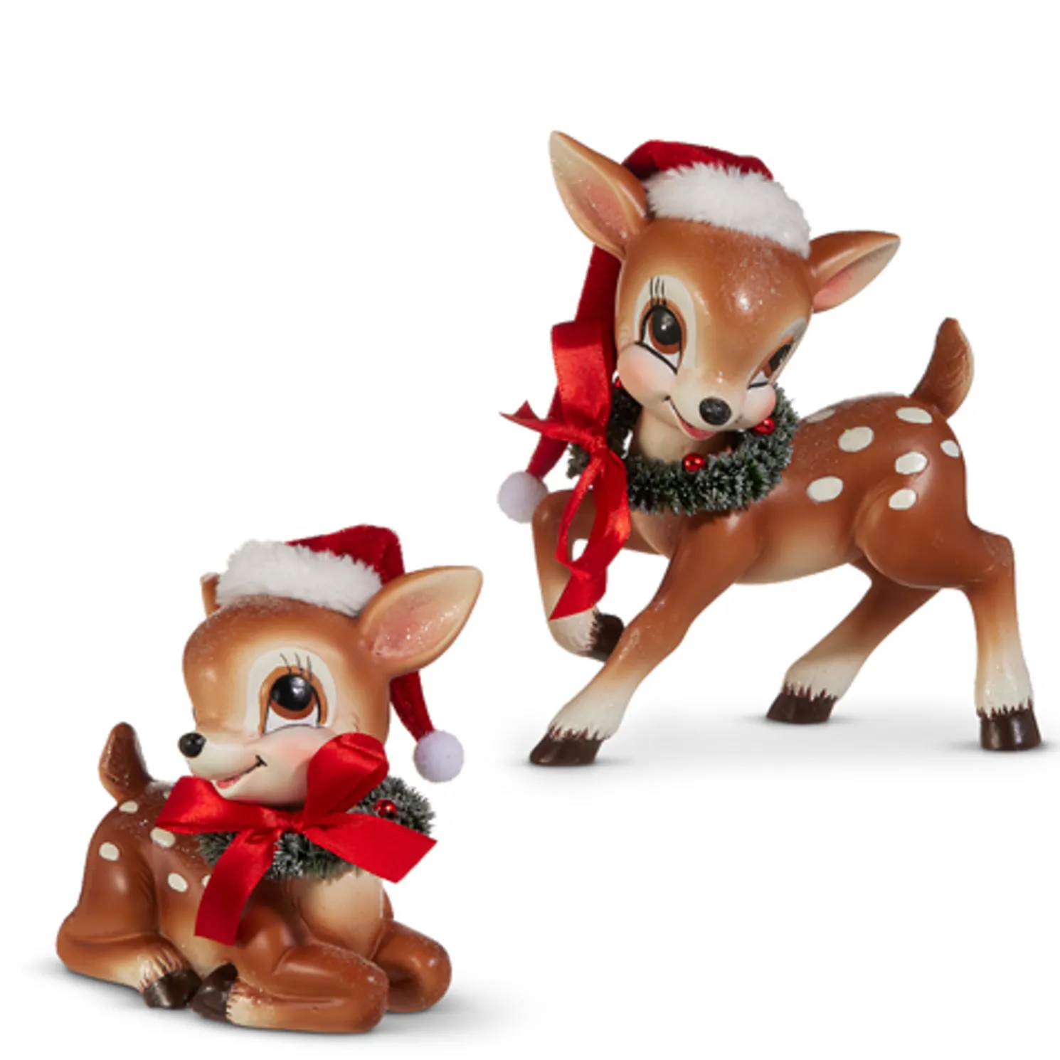 Raz 5.75" Cutesy Deer with Wreath Vintage Christmas Figures Set of 2 4520056