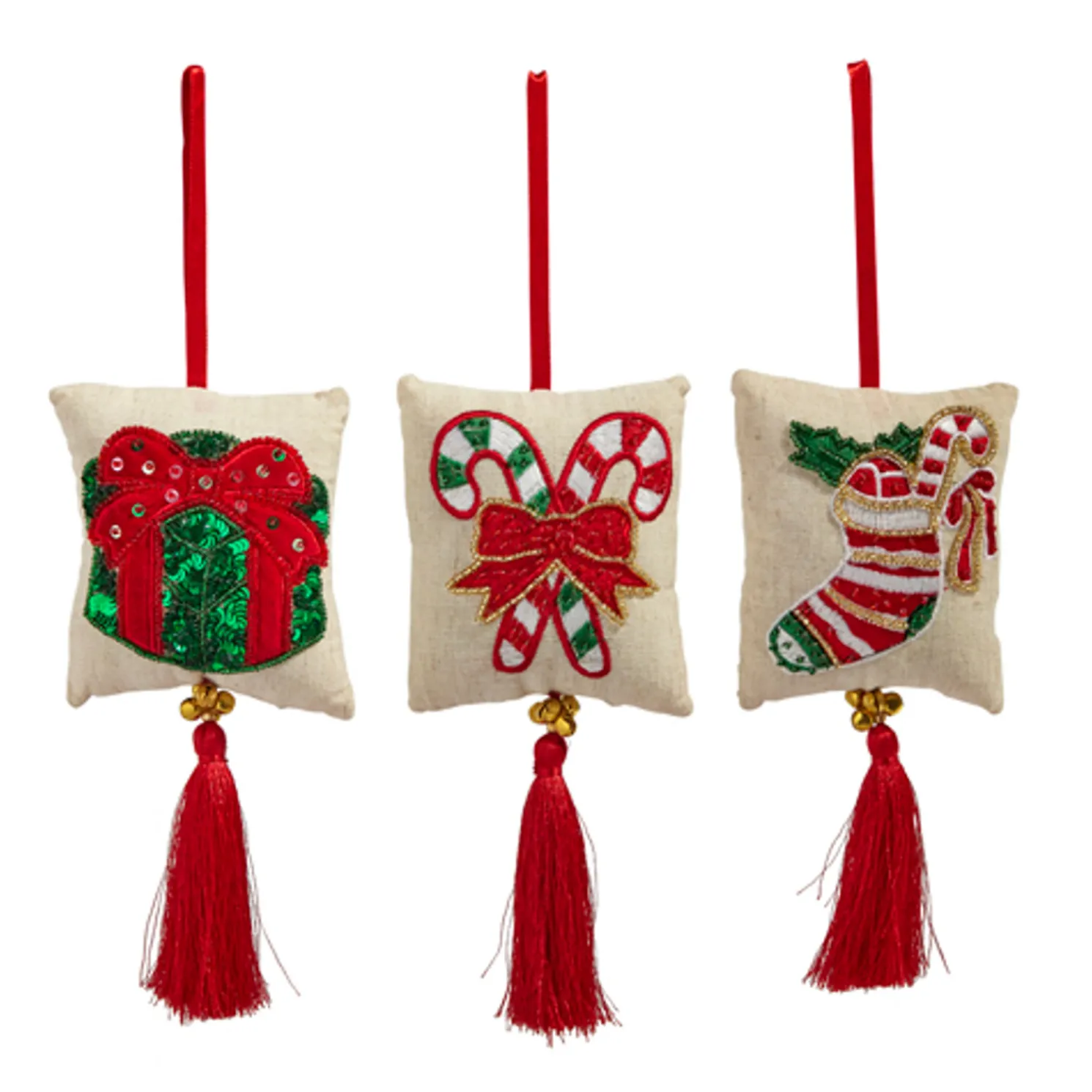 Raz 7.5" Embroidered Tassel Pillow Christmas Ornament Set of 3 4403623