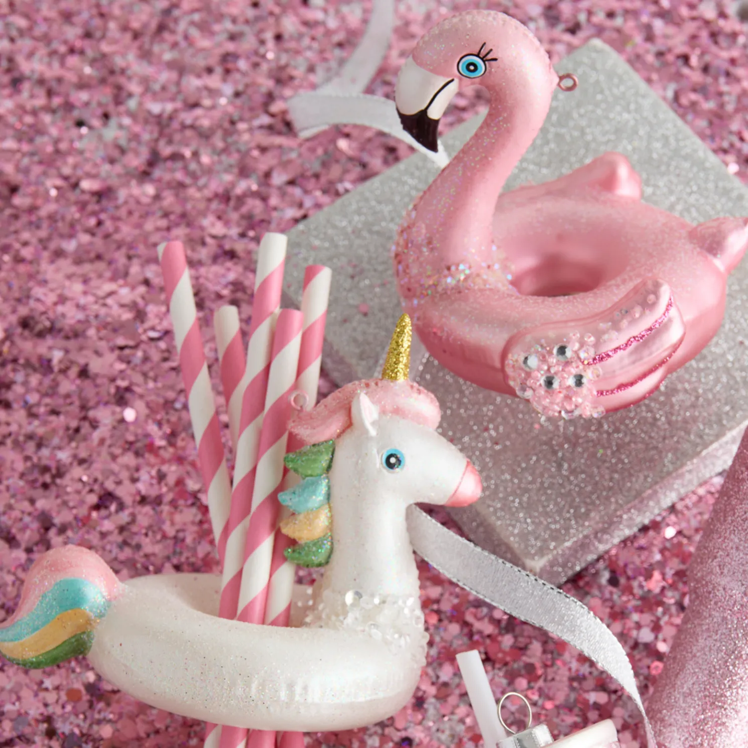 Raz 4.5" Flamingo and Unicorn Pool Floatie Glass Christmas Ornament 4552895