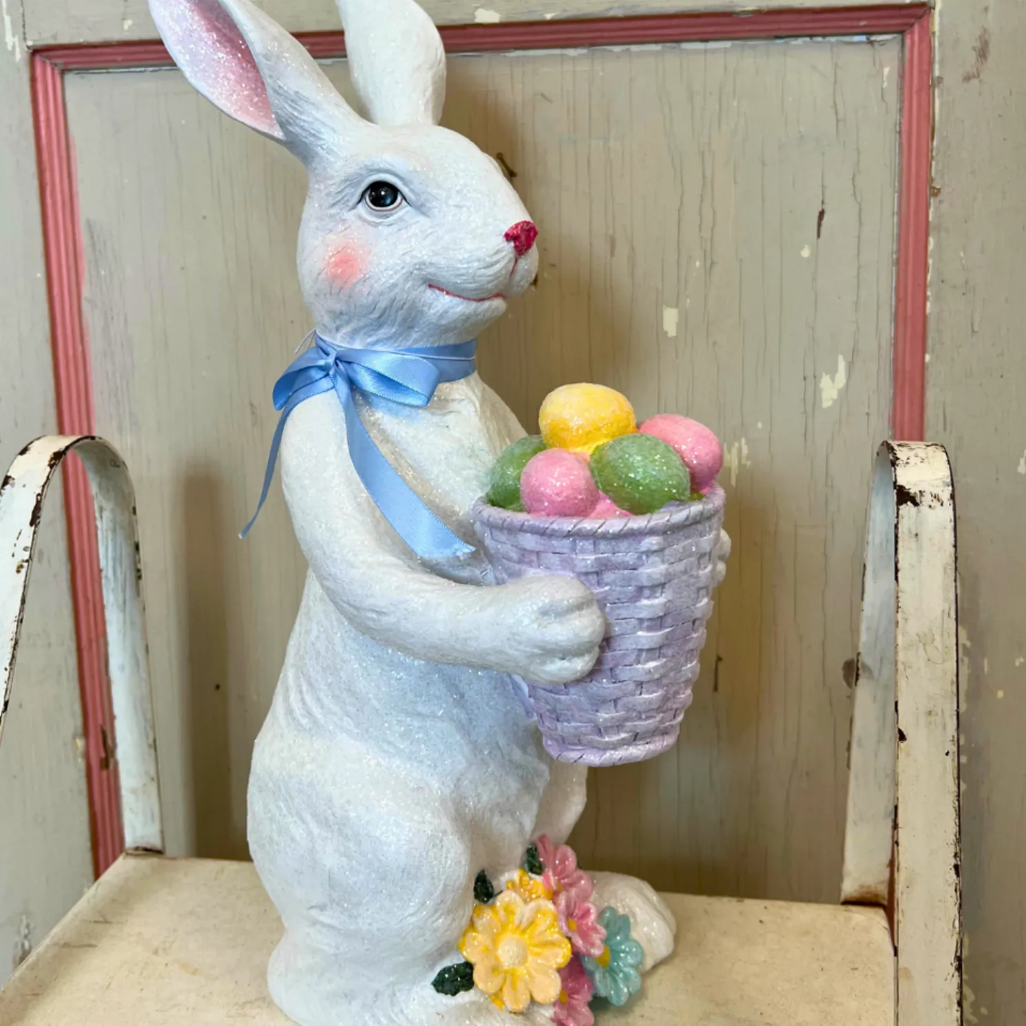 Raz 15" Glittered Bunny with Basket Easter Figure Decoration 4501613