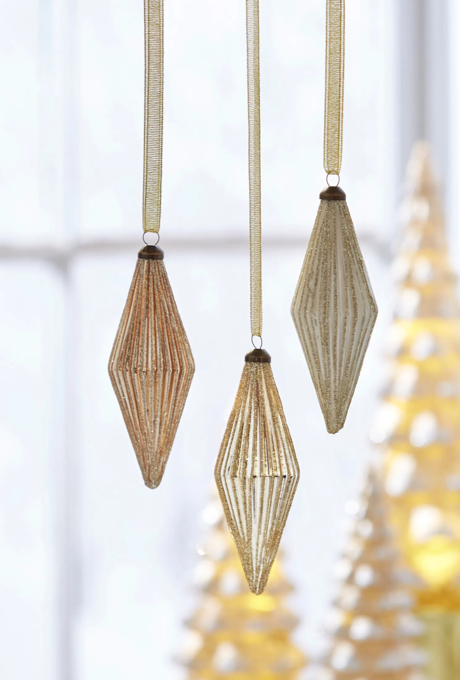 Raz 5.5" Glittered Diamond Ribbed Gold Toned Set of 3 Glass Christmas Ornaments 4122877