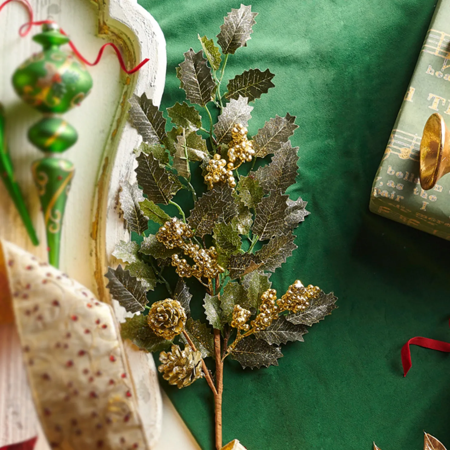 Raz 30" Glittered Holly and Pinecone Christmas Tree Spray F4306679