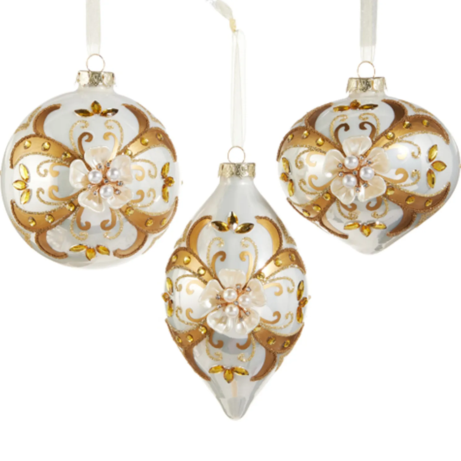 Raz 5.5" Gold and White Floral Embellished Glass Christmas Ornament 4523002