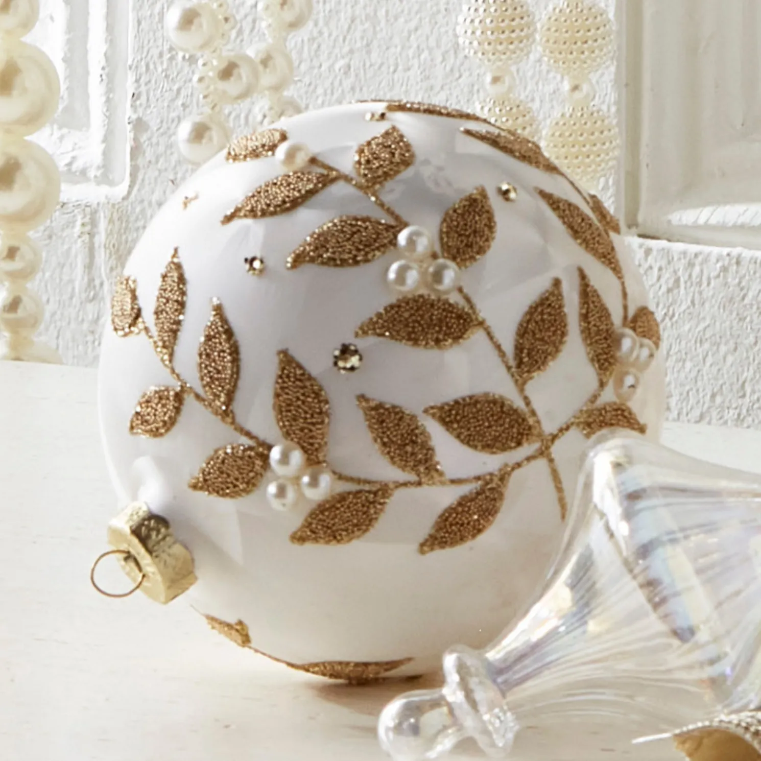 Raz 5" Gold Beaded Vine Pattern Frosted Ball Glass Christmas Ornament 4523001