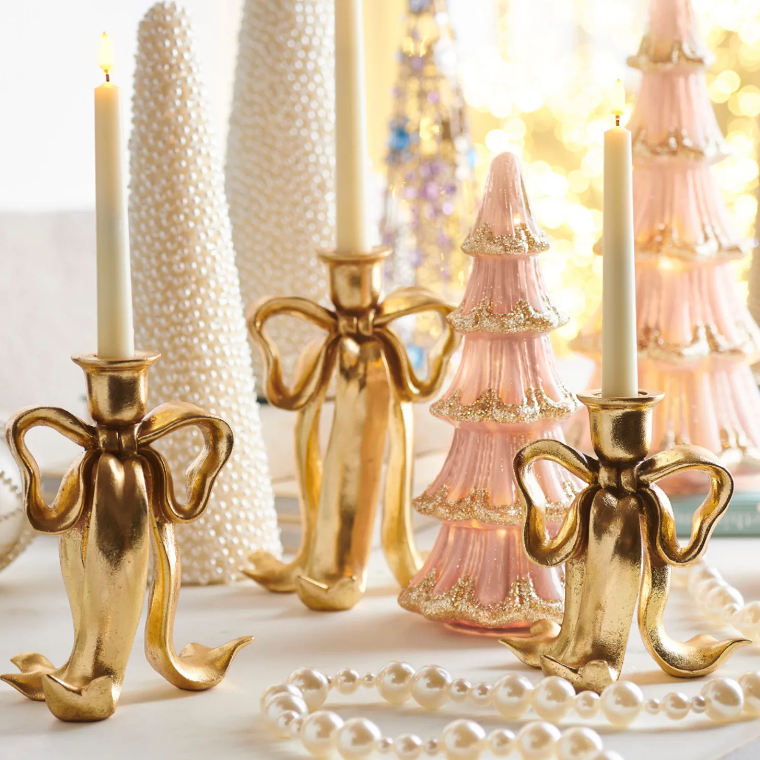 Raz 9" Gold Bow Christmas Taper Candlestick Holders Set of 3 4512201