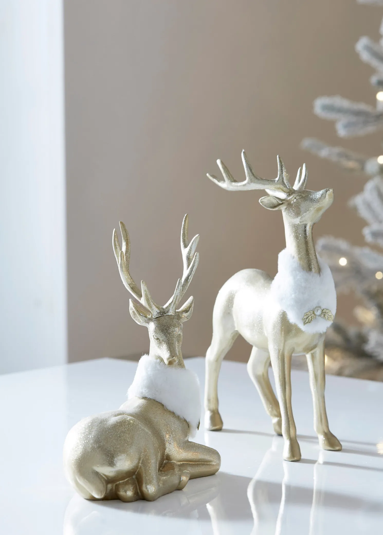 Raz 11.5" Gold Deer with Fur Collar Christmas Figures Set of 2 4411348