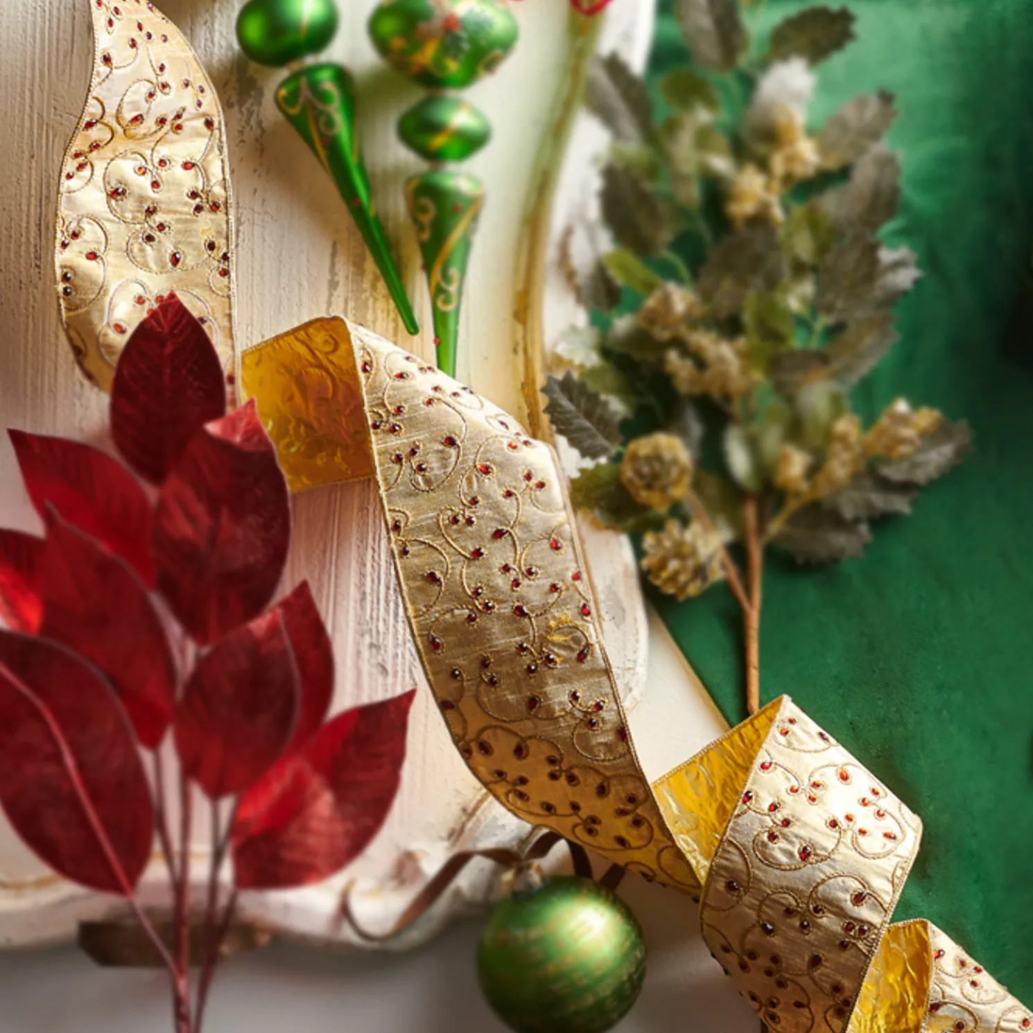 Raz 4" Gold Jeweled Wired Christmas Ribbon R4371756