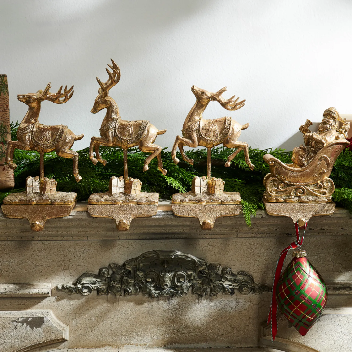 Raz 10.5" Gold Santa and Reindeer Stocking Holders 4511661