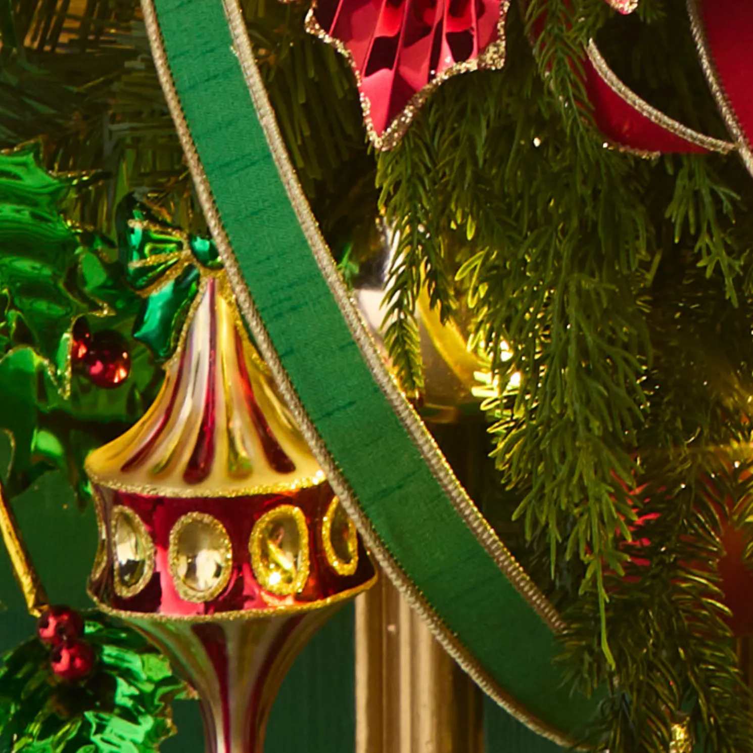 Raz 1" Green and Gold Wired Christmas Ribbon R4552157