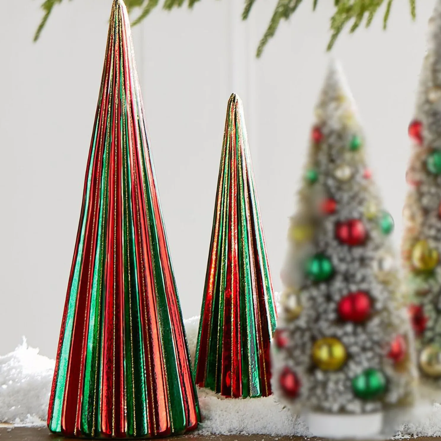 Raz 14" Green and Red Ribbed Glass Christmas Trees Set of 2 4424654