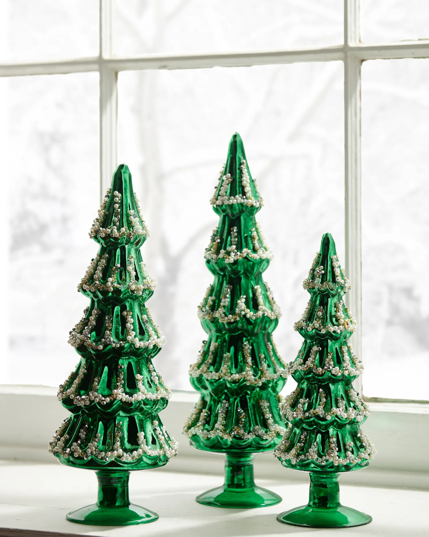 Raz 13.5" Green Beaded Glass Christmas Tree Figures Set of 3 4533307