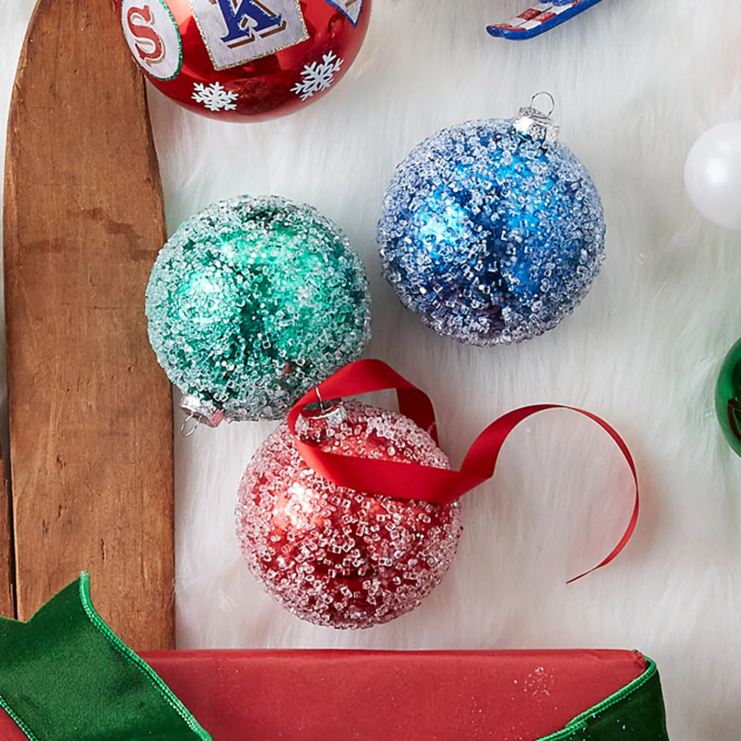 Raz 4" Green, Blue or Red Iced Ball Glass Christmas Ornament 4324542