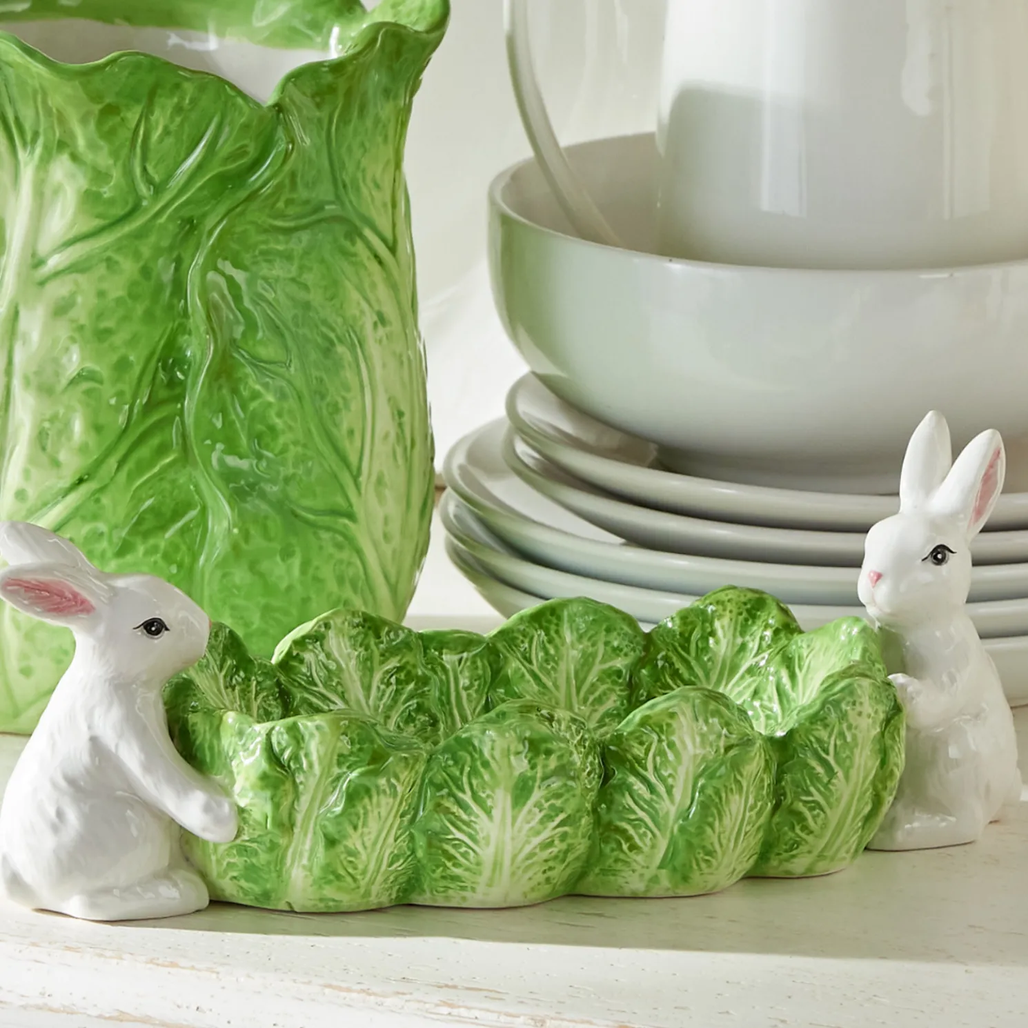 Raz 10" Green Cabbage Tray with Easter Bunnies 4411109