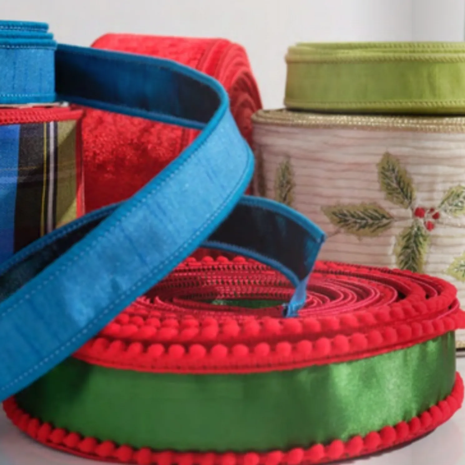 Raz 1.5" Green Satin with Red Pom Pom Edge Wired Ribbon R4571854