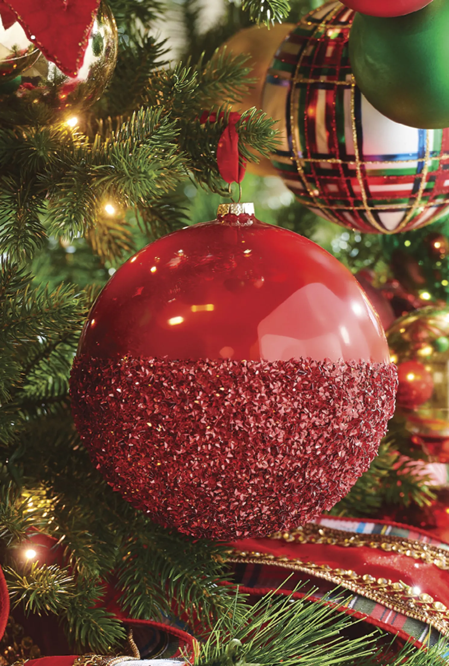 Raz 6" Half Glittered Red Glass Ball Christmas Ornament 4224608