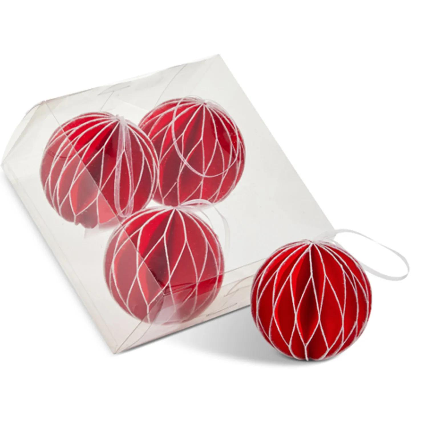 Raz 3.5" Honeycomb Red and White Glitter Paper Ball Christmas Ornaments Set of 4 4516742