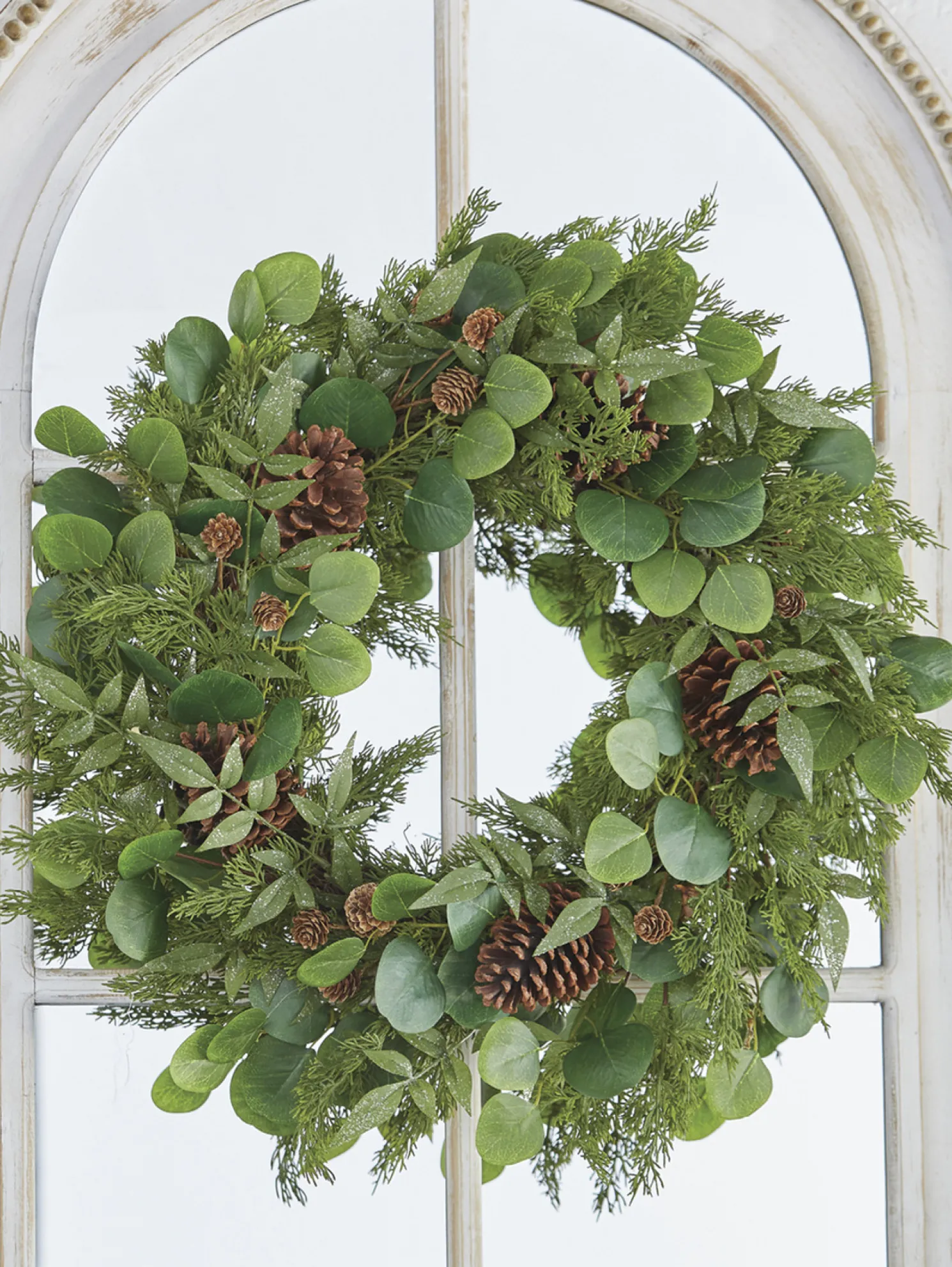 Raz 27" Iced Mixed Greenery, eucalyptus and Pinecone Christmas Wreath W4102617