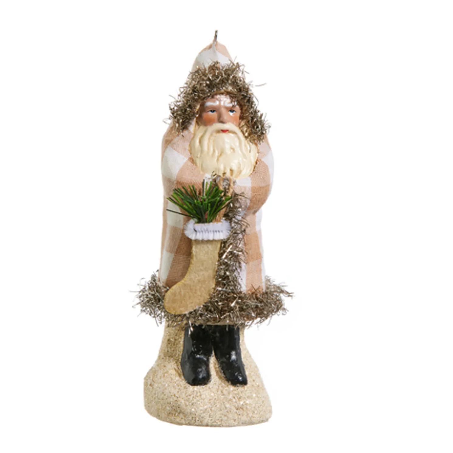 Raz 5.75" Ivory and Tan Gingham Velvet Santa Christmas Ornament 4412508