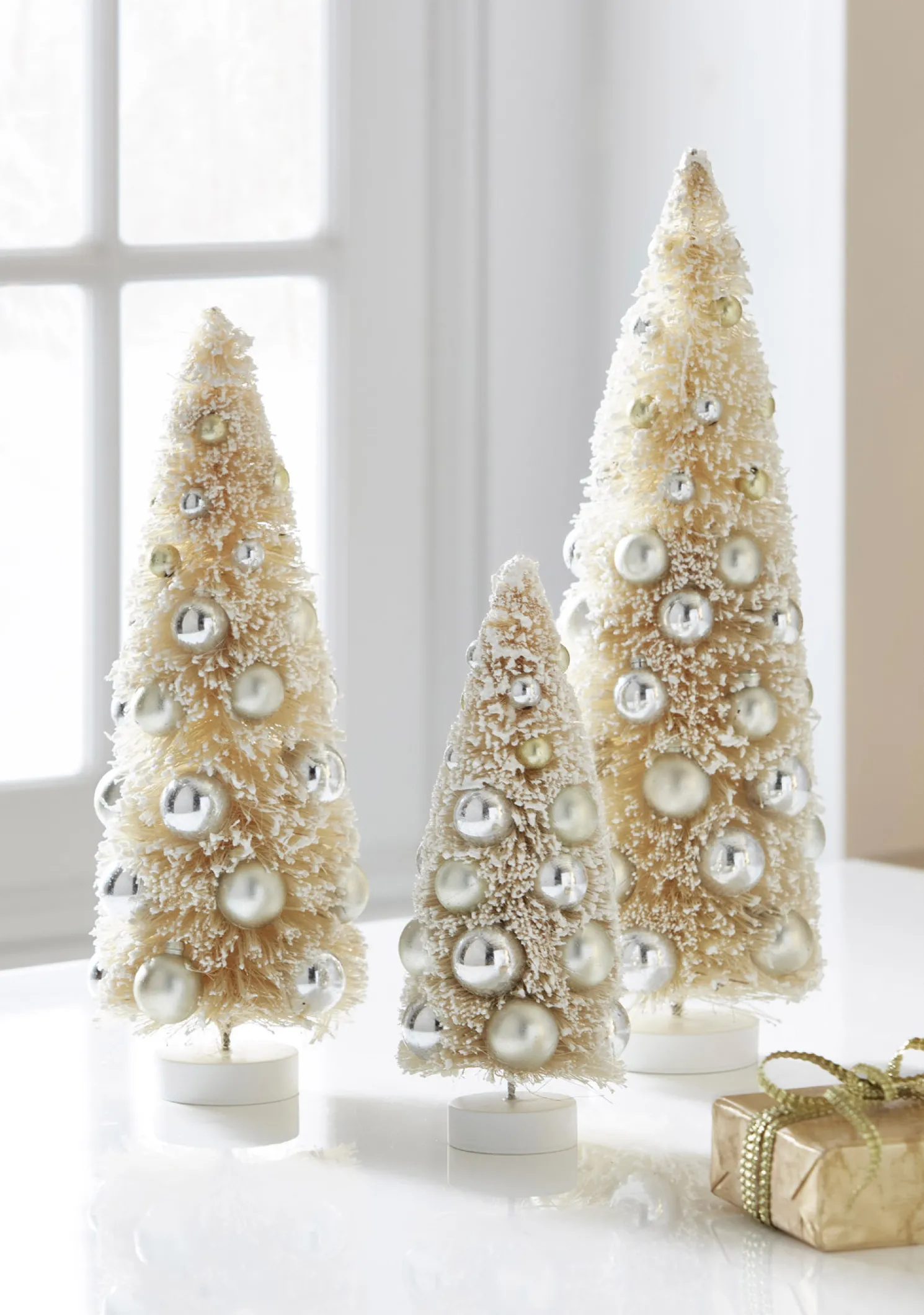 Raz 15" Ivory Snowy Bottle Brush Trees with Ornaments Christmas Decoration Set of 3 4319029