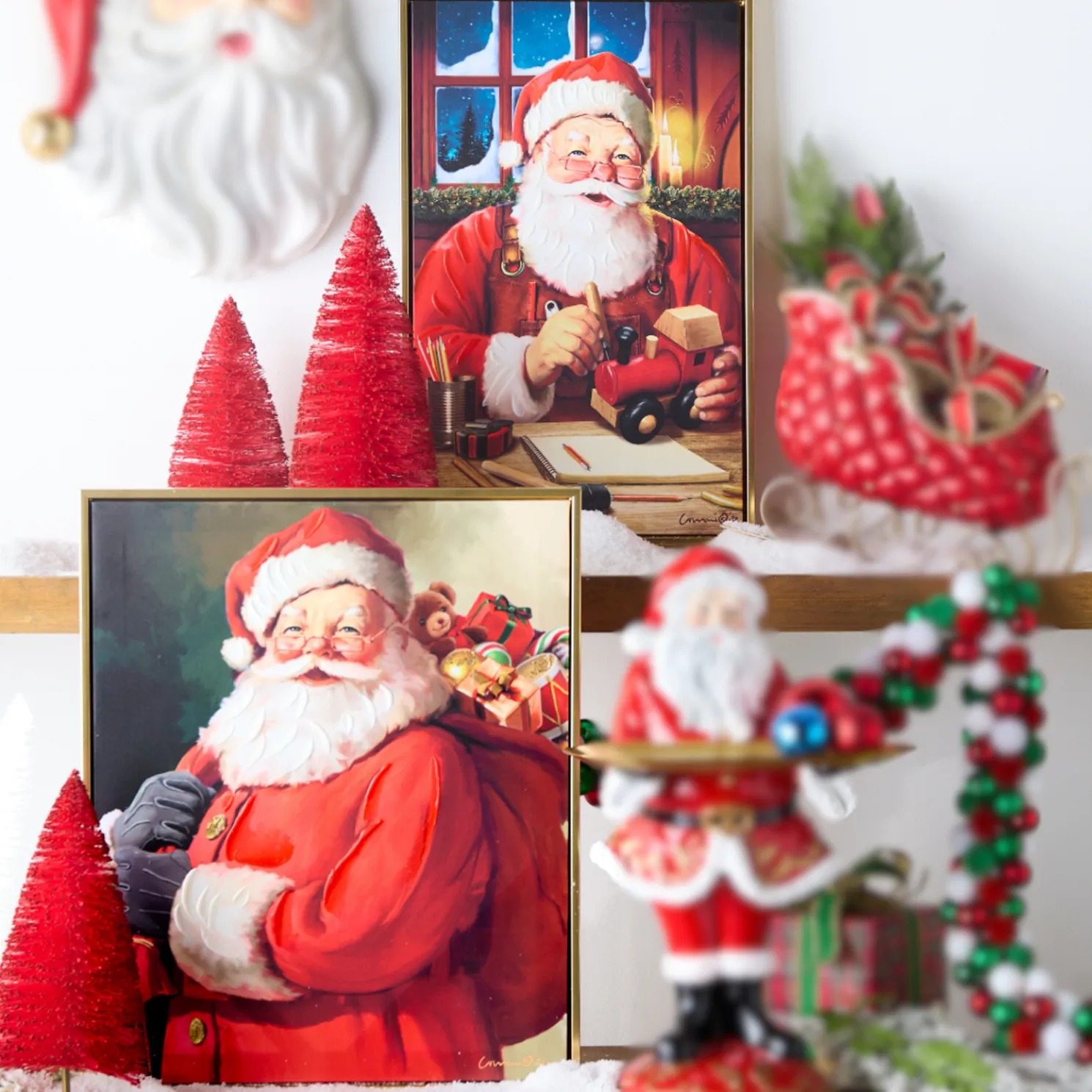 Raz 21.5" Jolly Delivery or Toy Making Santa Framed Picture