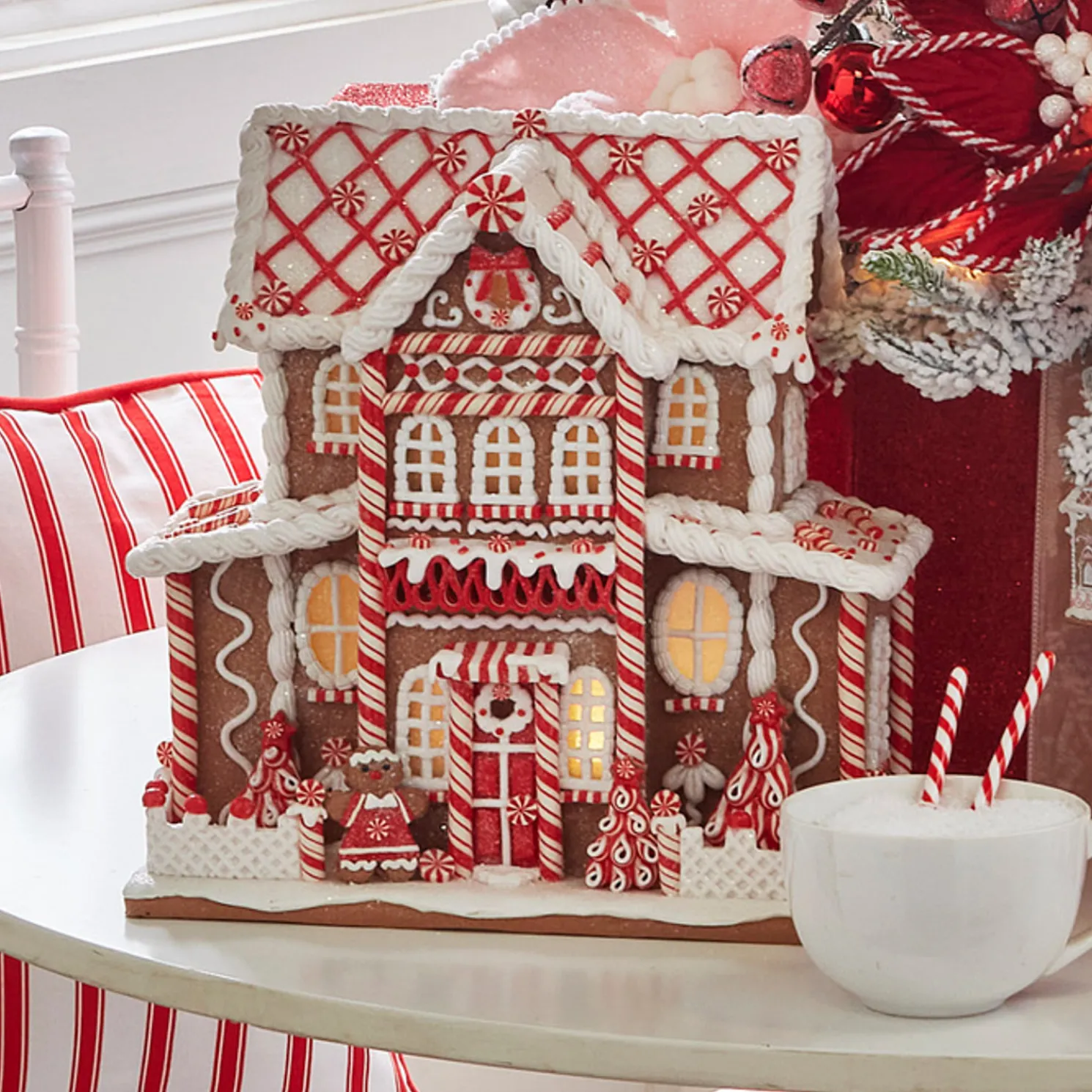 Raz 13" Large Lighted Peppermint Gingerbread Christmas House 4316276