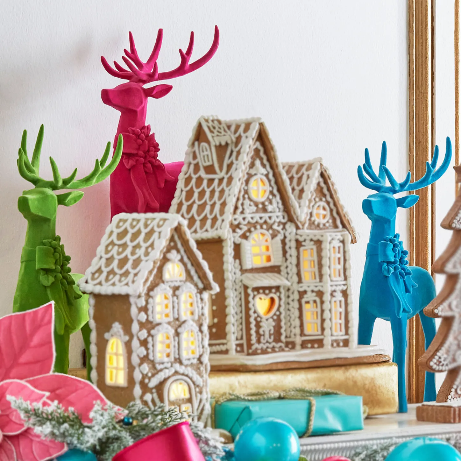 Raz 14" Large Pink, Green, or Blue Flocked Deer Christmas Figure 4512253