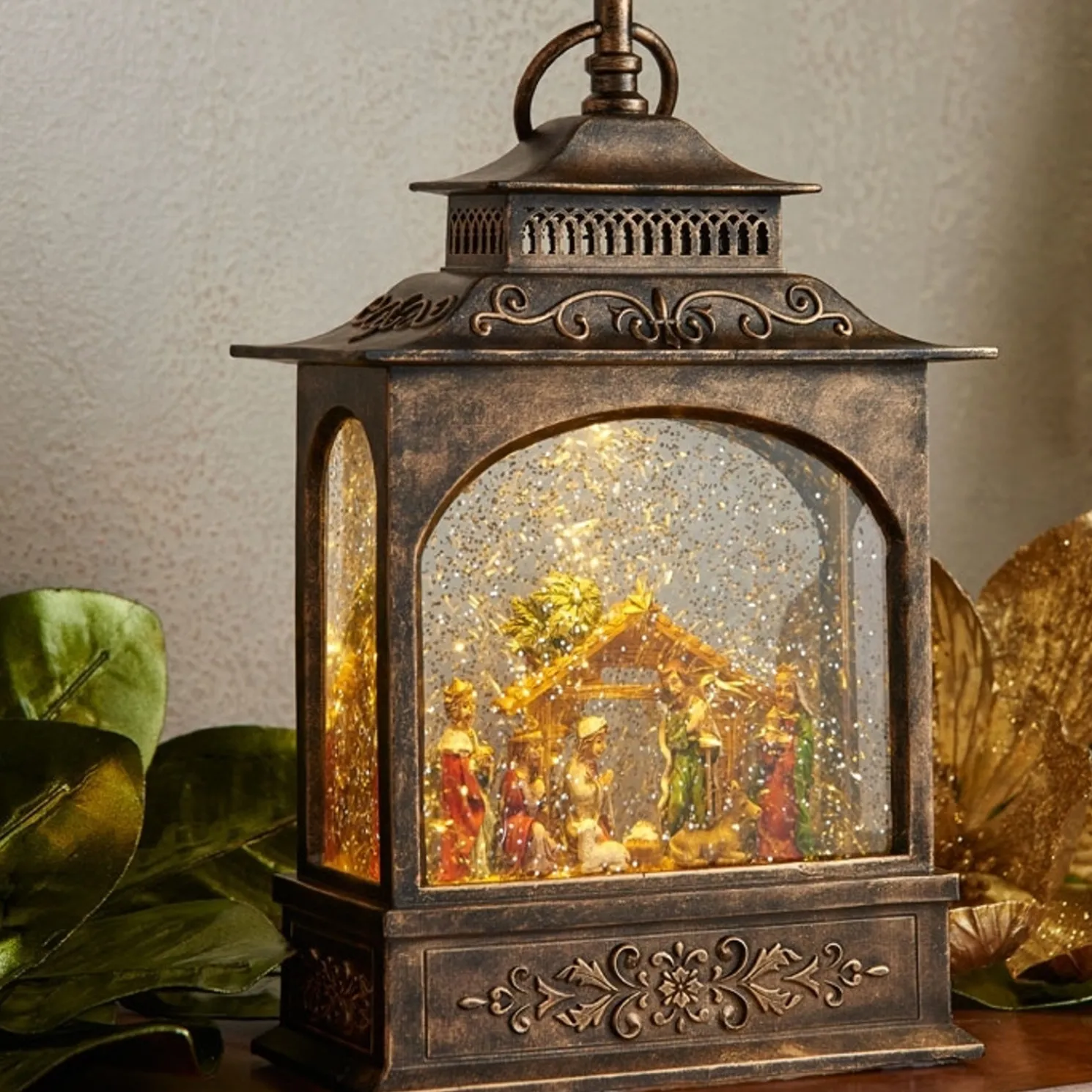 Raz 11" LED Lighted Nativity Scene In Bronze Christmas Water Globe Lantern 3740512