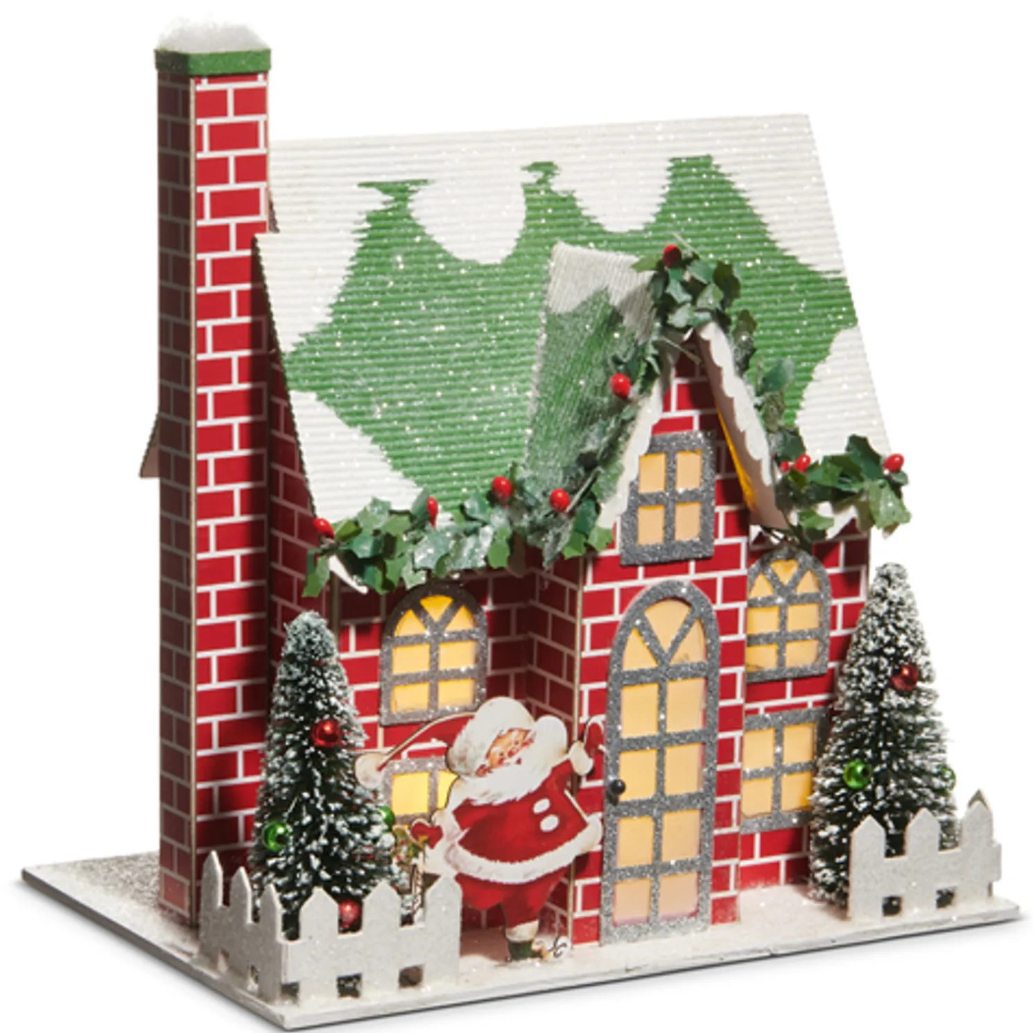 Raz 9" Lighted Brick Paper House with Vintage Santa Christmas House 4519184