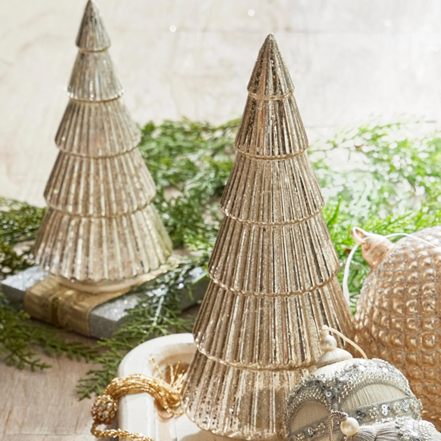 Raz 11.5" Lighted Champagne Ribbed Glass Trees Christmas Decoration 4324551