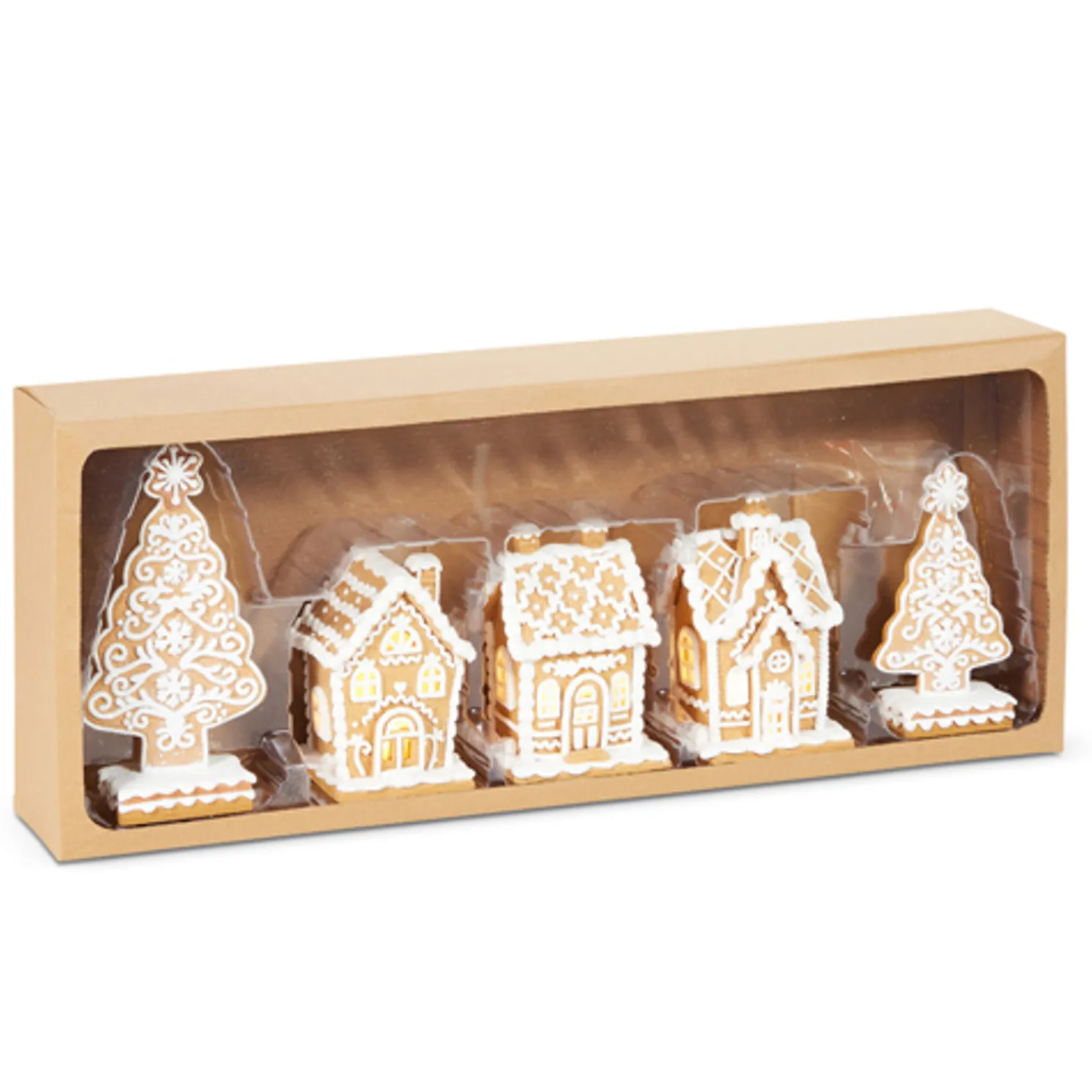 Raz 8.5" Lighted Gingerbread Houses and Trees 5 pc set 4516765