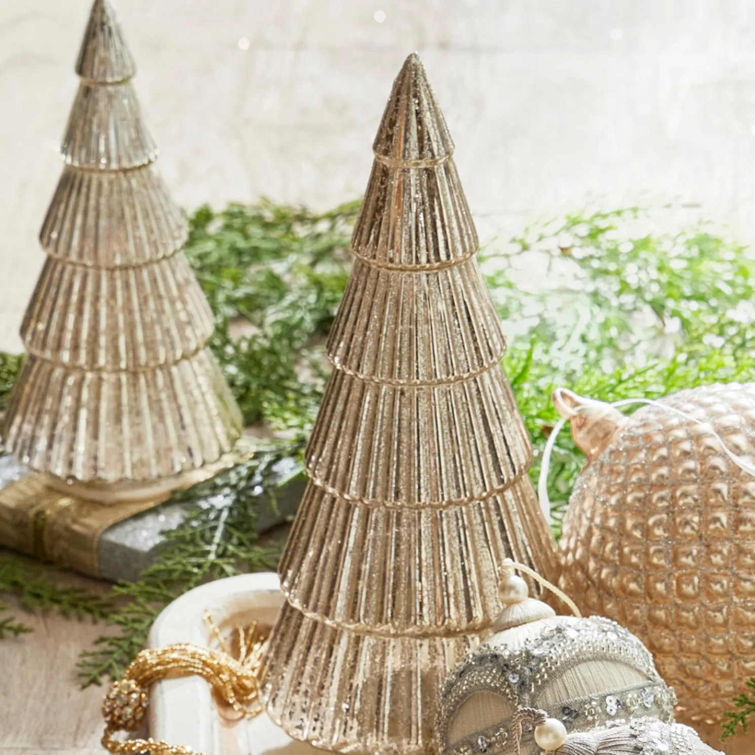 Raz 11.5" Lighted Gold Glass Ribbed Christmas Tree Figure Set of 2 4324552